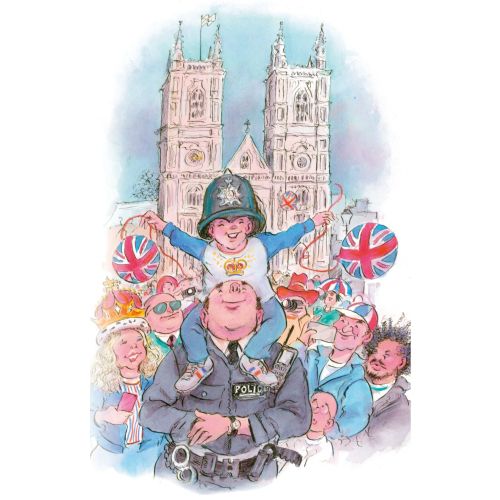 Cartoon of London police officer with child on shoulders and crowd, by John Holder