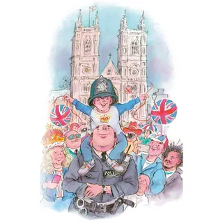 Cartoon of London police officer with child on shoulders and crowd, by John Holder