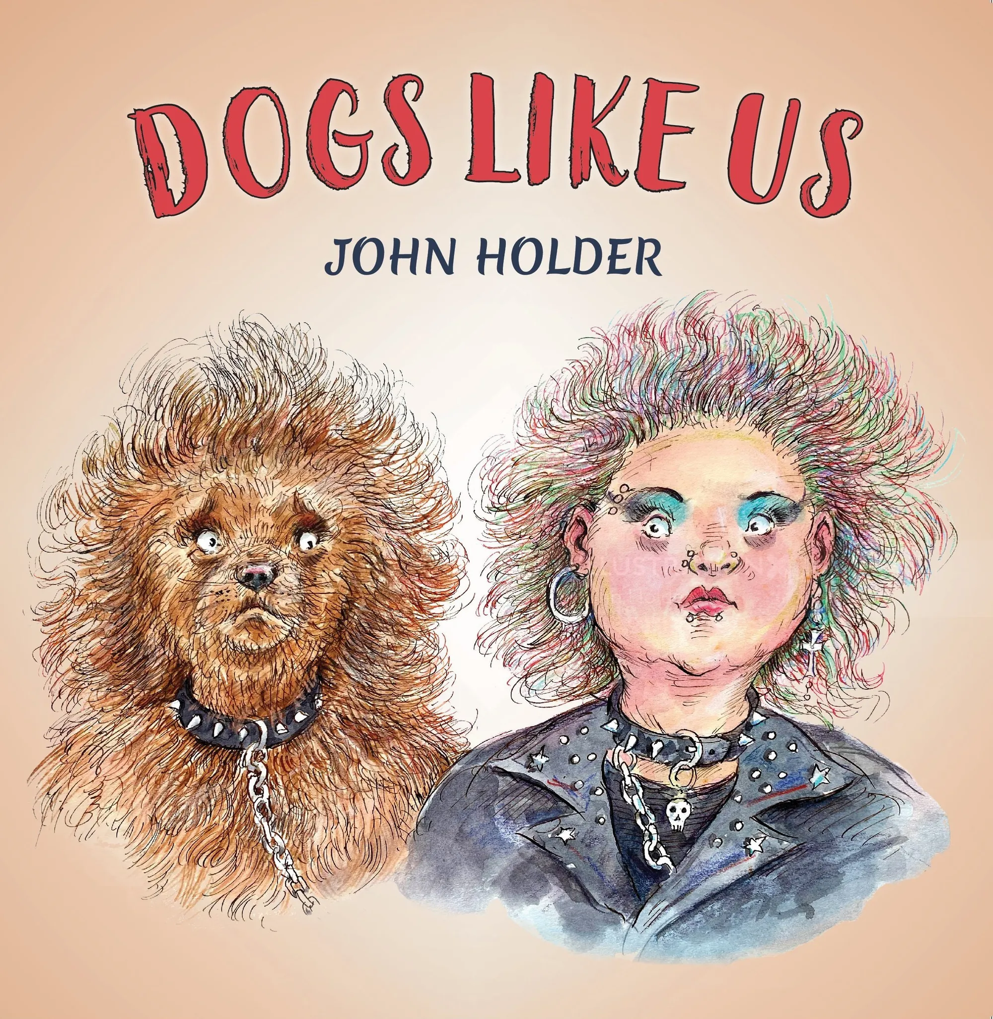 Shaggy dog and punk-style person with colorful hair and jacket