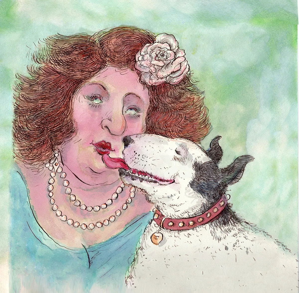 Woman with curly hair and necklace getting licked by a dog