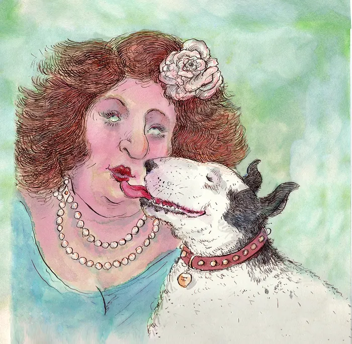 Woman with curly hair and necklace getting licked by a dog