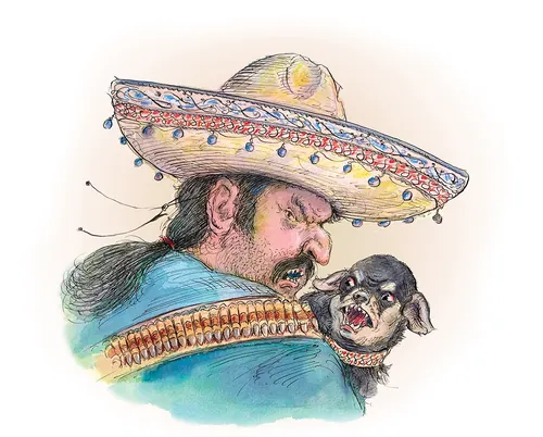 Man wearing a decorated sombrero carrying a small dog on his shoulder