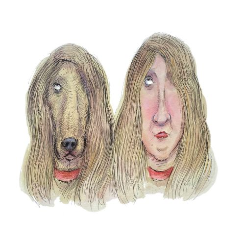 Two portraits: one dog and one woman, both with long hair