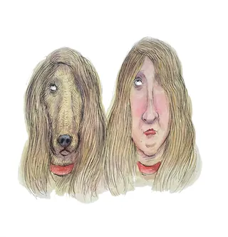 Two portraits: one dog and one woman, both with long hair