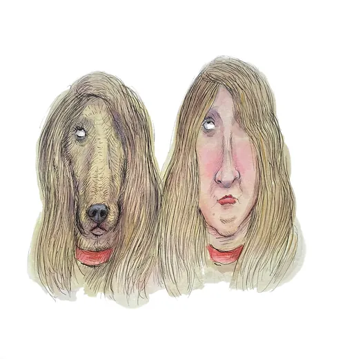 Two portraits: one dog and one woman, both with long hair