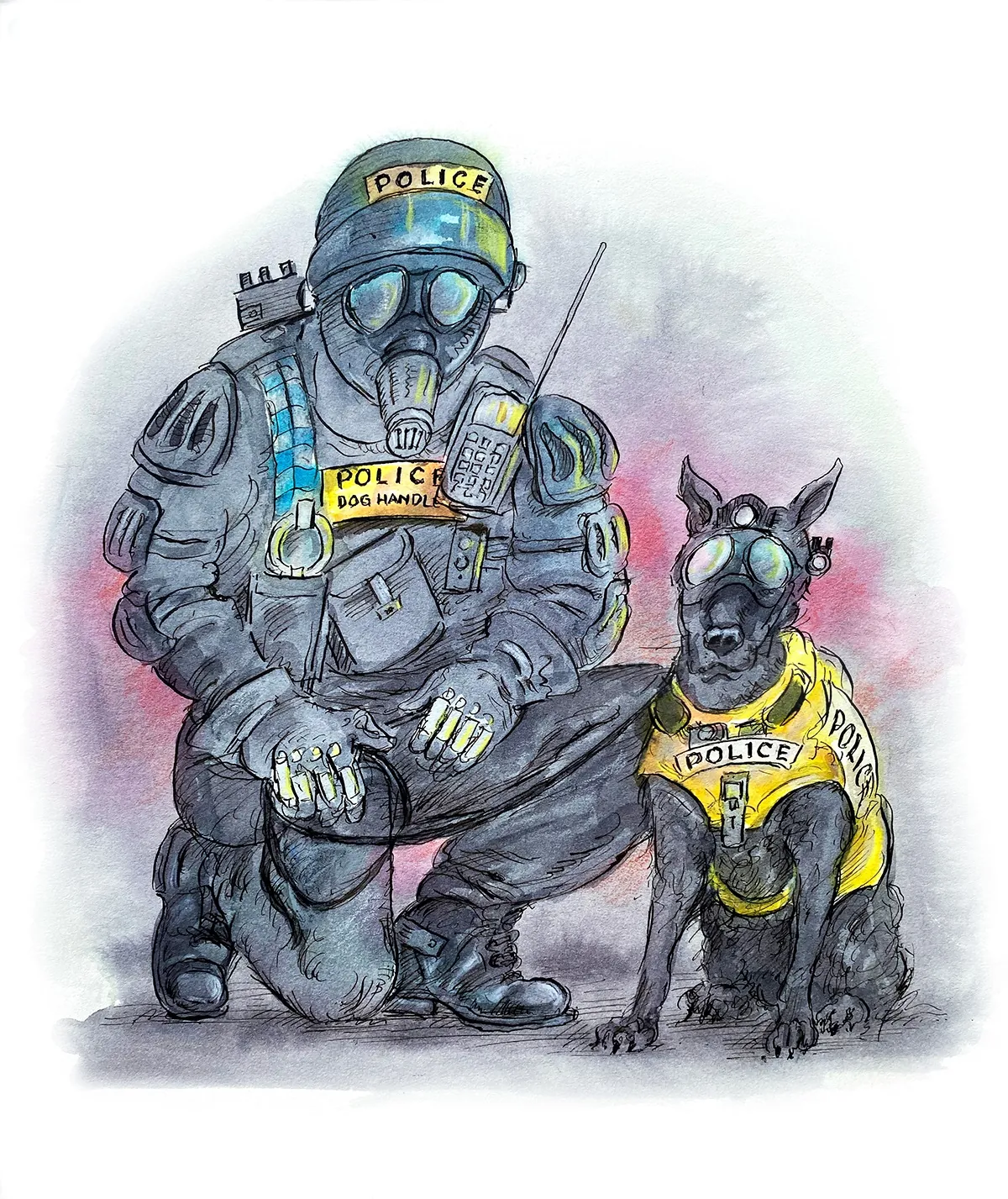 Police officer wearing gas mask kneeling next to police dog with gas mask