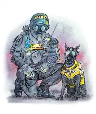 Police officer wearing gas mask kneeling next to police dog with gas mask