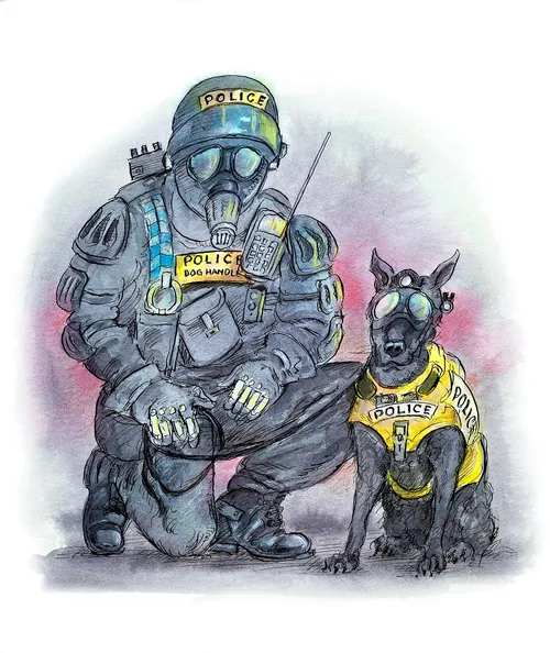 Police officer wearing gas mask kneeling next to police dog with gas mask