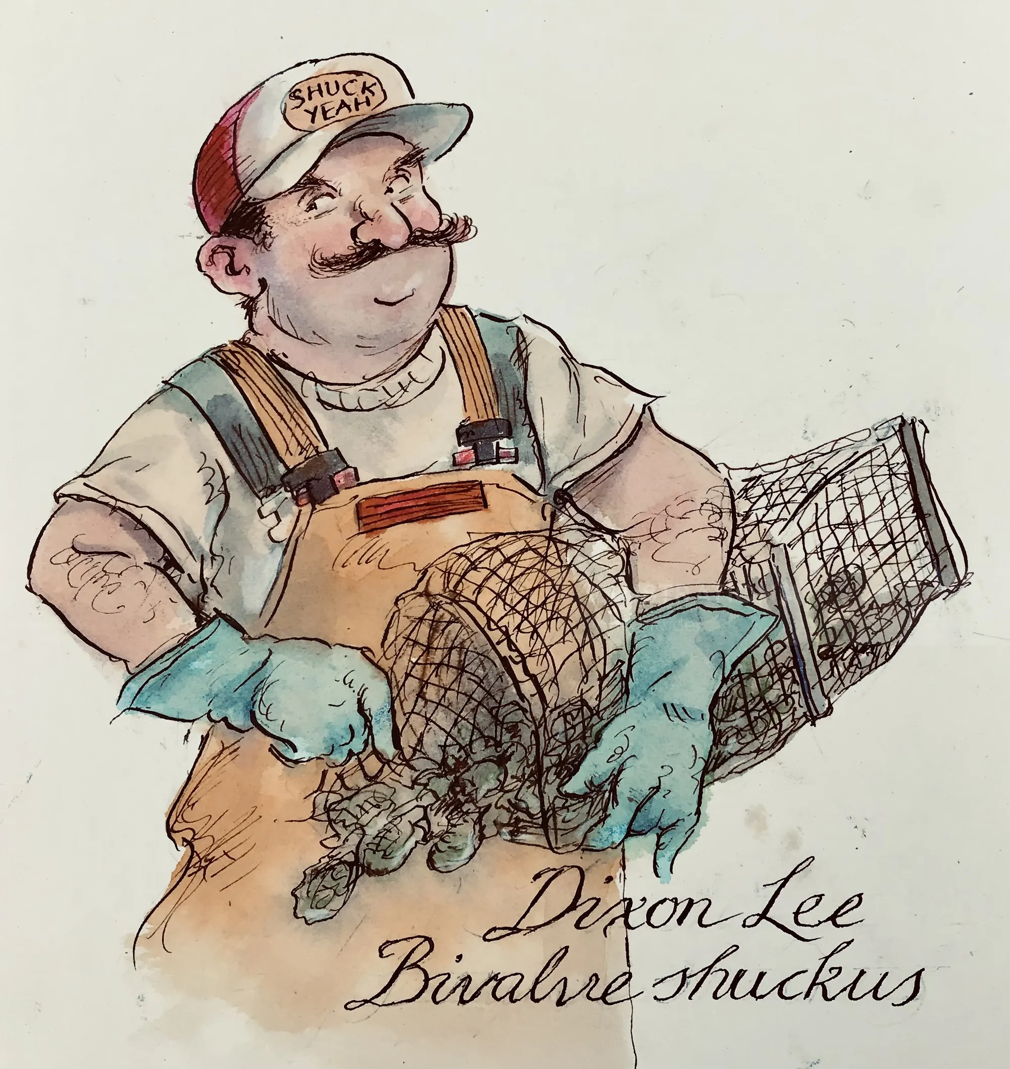 Cheerful fisherman holding crab trap by John Holder