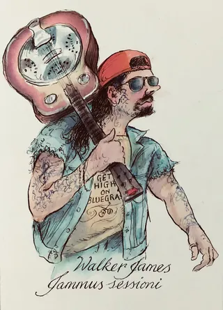 Man with tattoos carrying guitar on shoulder wearing sunglasses and cap