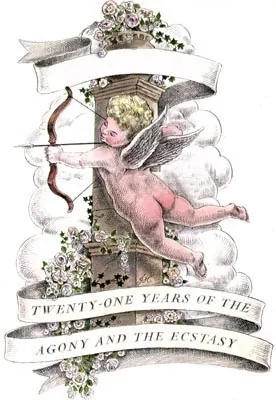 Cupid aiming bow and arrow near stone structure, illustration by John Holder