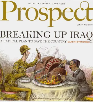 Illustration of two men carving Iraq as a cooked bird on table by John Holder