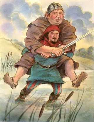 Two medieval soldiers in armor wrestling, one holding a sword, by John Holder