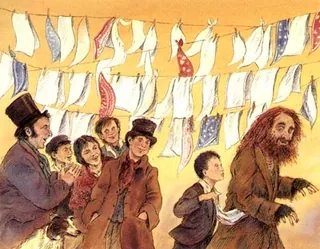 Illustration of people in vintage clothes near hanging laundry by John Holder