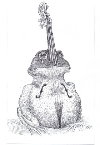 Dibujos animados y humor Veterano arte de pluma de una rana en forma de violín