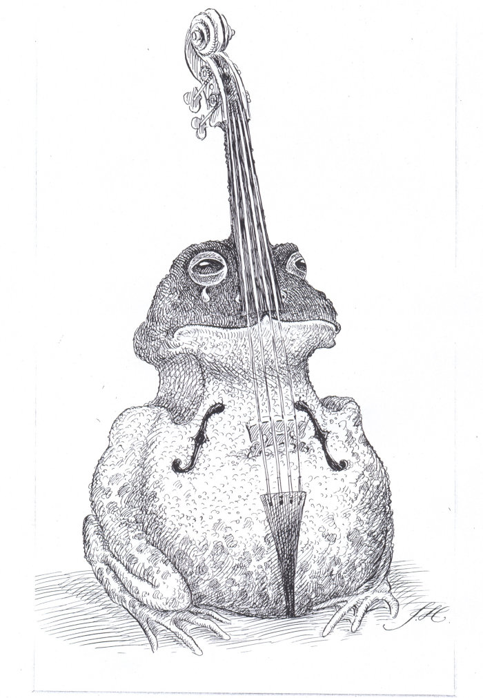 バイオリンの形をしたカエルの漫画とユーモアのベテランペンアート