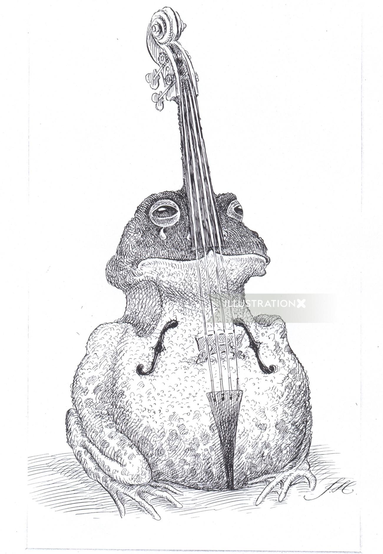 バイオリンの形をしたカエルの漫画とユーモアのベテランペンアート