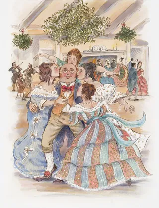 Watercolor drawing of women kissing a man