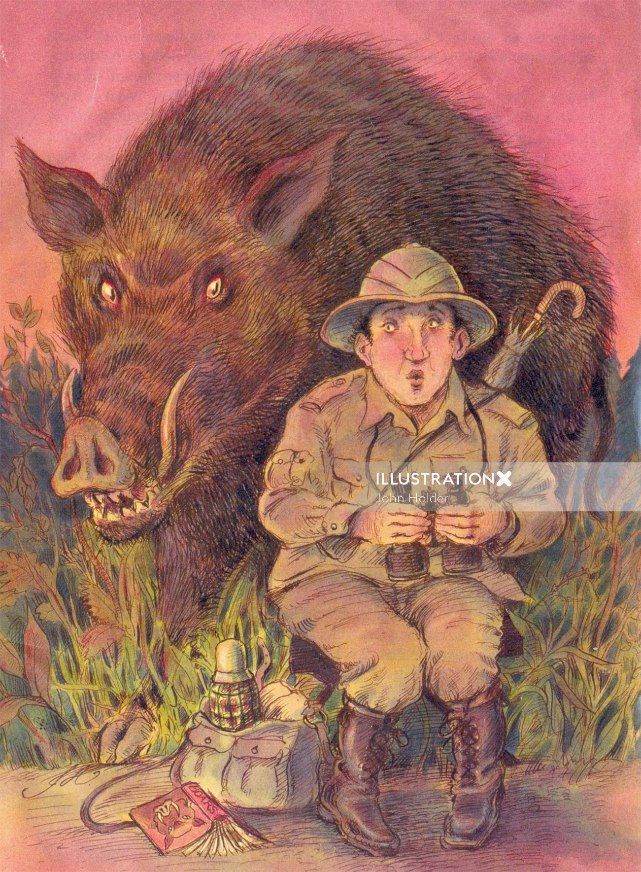 Cartoon illustration of forest hunter