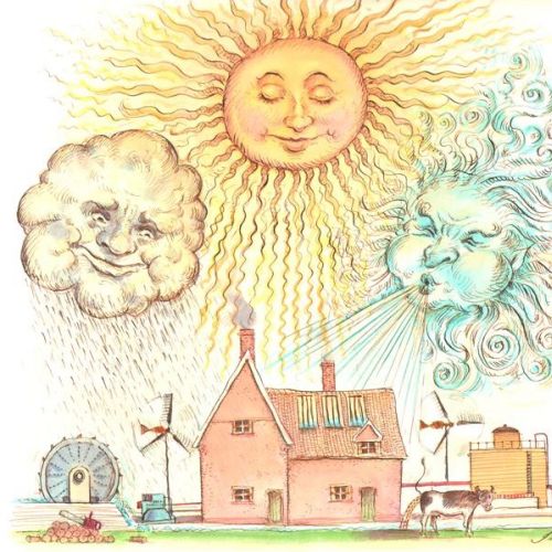 Cartoon & Humour sun, cloud and wind at a building