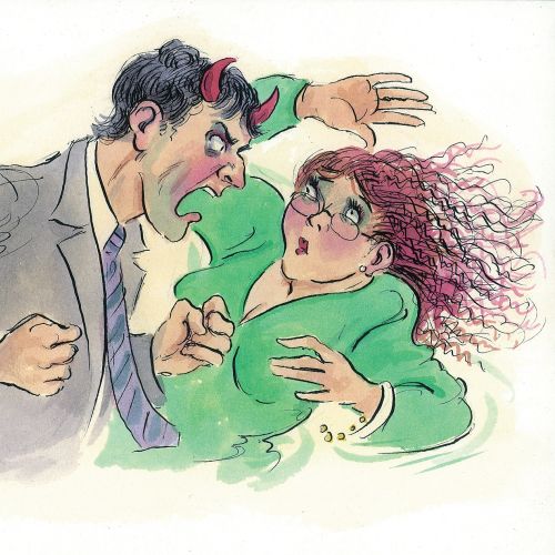 Watercolor illustration of devil shout on women 
