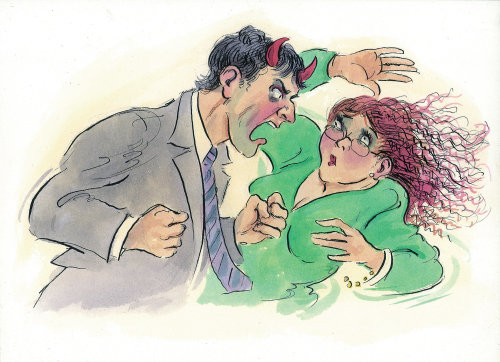 Ilustração em aquarela de diabo gritar com mulheres