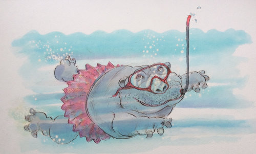 卡通和幽默猪在水下游泳