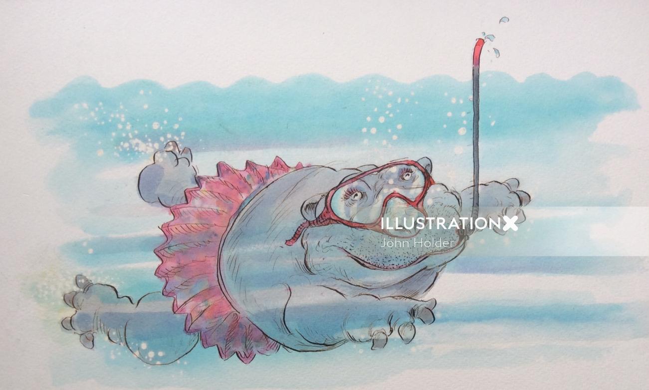Desenhos animados e humor, porco nadando debaixo d&#39;água