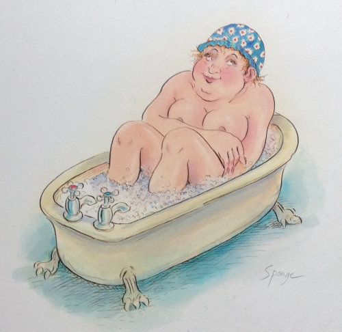 Mulher de desenho animado e humor na banheira
