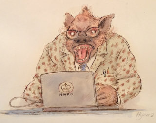 Animal de dibujos animados y humor con computadora portátil