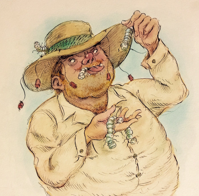 Homme de dessin animé et d&#39;humour avec des insectes