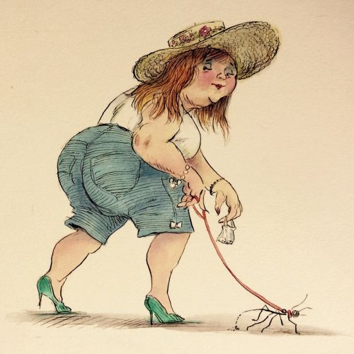 Cartoon & Humour woman walking with pet ant