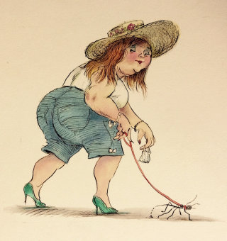 Mujer de dibujos animados y humor caminando con hormiga mascota