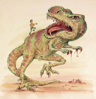 Hombre de dibujos animados y humor sobre el dinosaurio