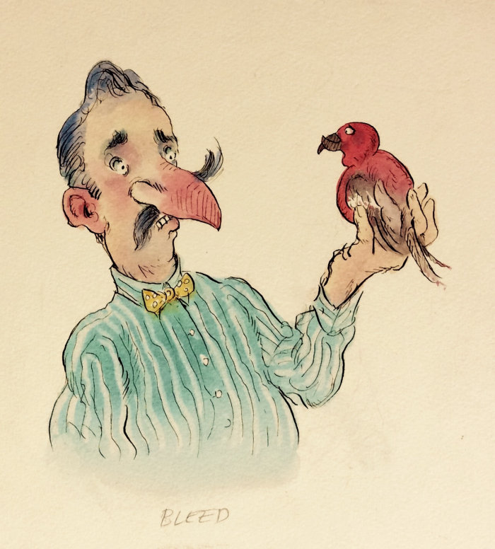 卡通和幽默的男人抱着一只鸟