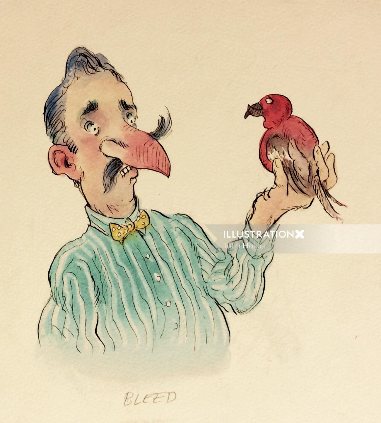 Homem de desenho animado e humor segurando um pássaro