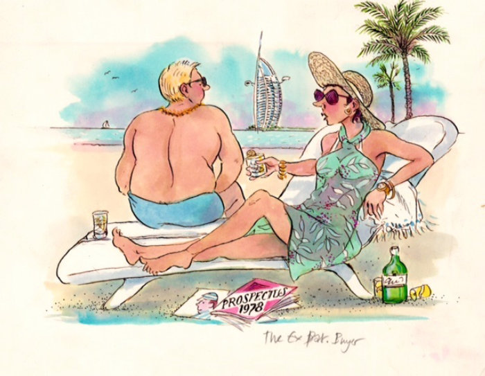 情侣在沙滩上放松的卡通幽默画