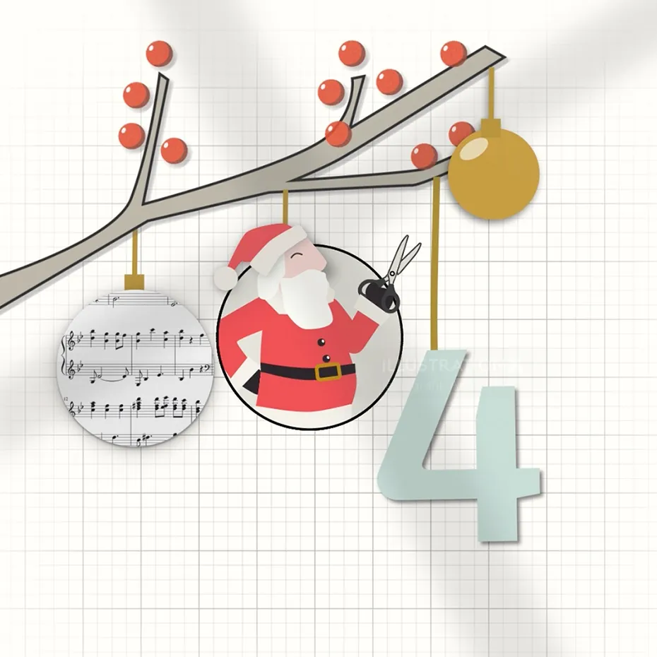 Christmas ornaments with Santa, music notes, and number 4 hanging on branch by leinegrafik Animation