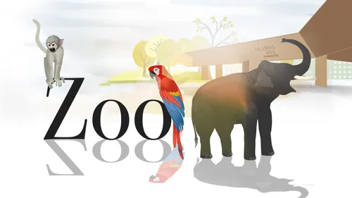 Illustration of zoo entrance with elephant, parrot, and monkey by leinegrafik Animationswerk
