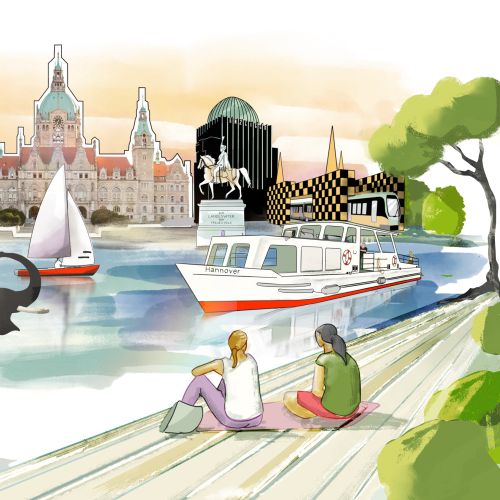 City waterfront with zoo animals and people by the water, by leinegrafik Animationswerk