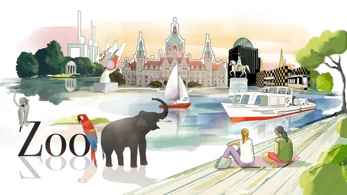City waterfront with zoo animals and people by the water, by leinegrafik Animationswerk