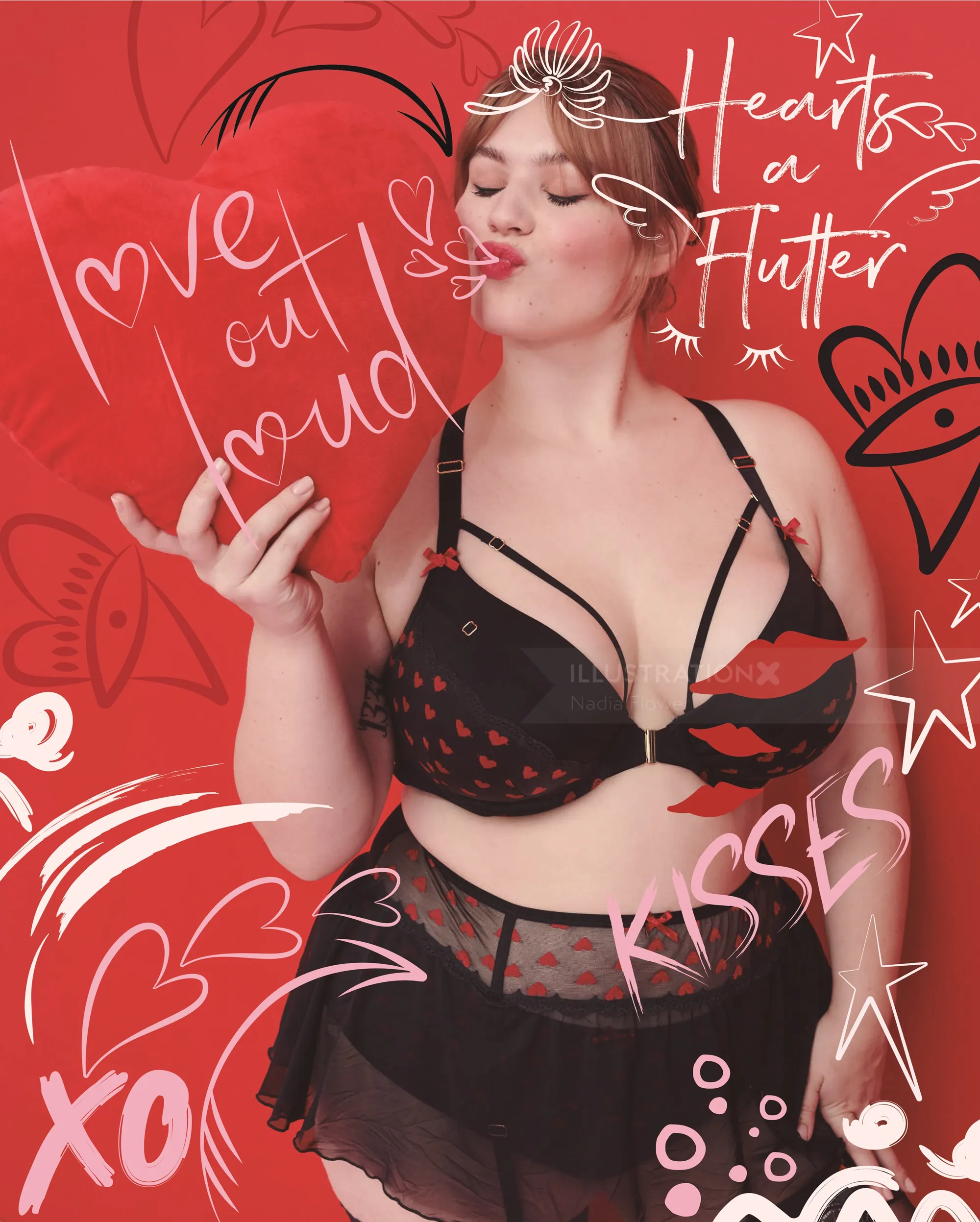 Woman in black lingerie holding heart balloon with drawn hearts by Nadia Flower