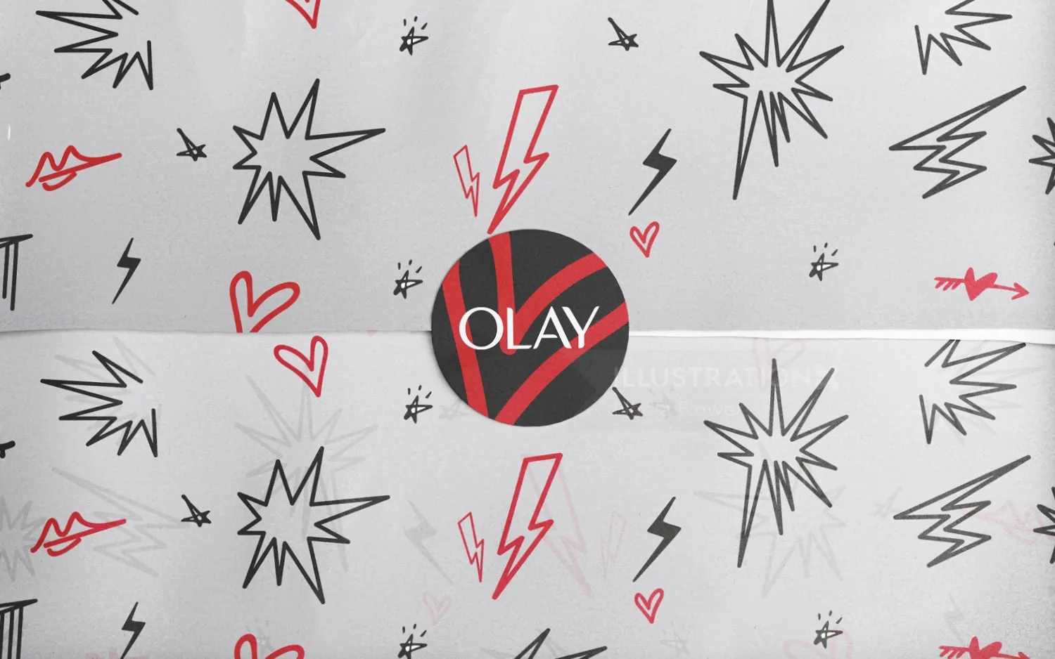 Olay logo surrounded by lightning bolts, stars, and hearts by Nadia Flower
