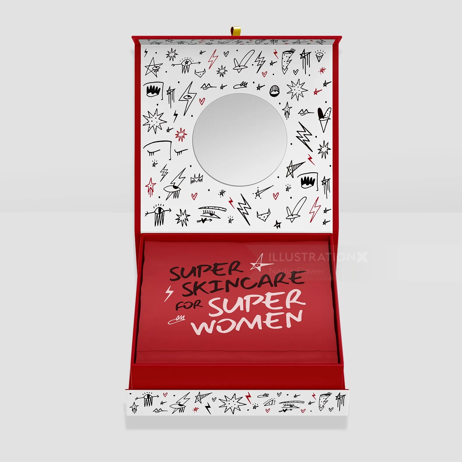 Red skincare gift box with mirror and doodle designs by Nadia Flower
