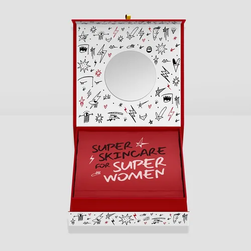 Red skincare gift box with mirror and doodle designs by Nadia Flower