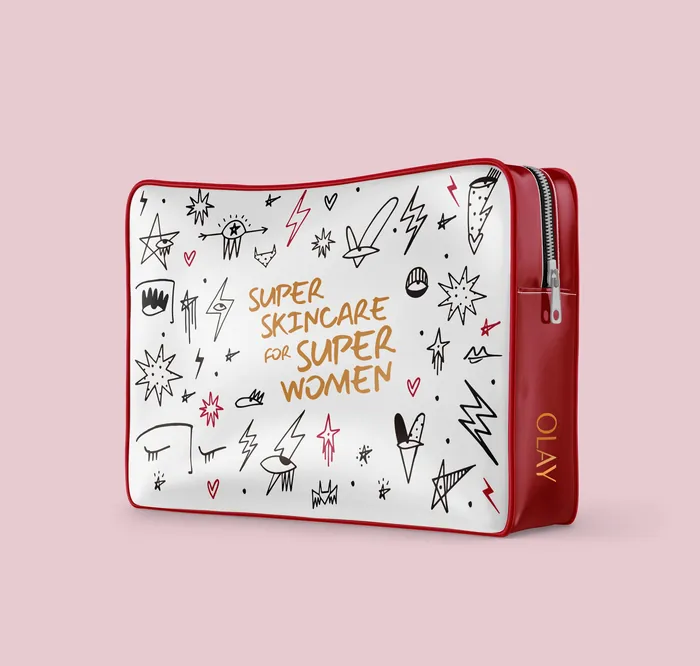 Olay skincare bag with doodles and text by Nadia Flower