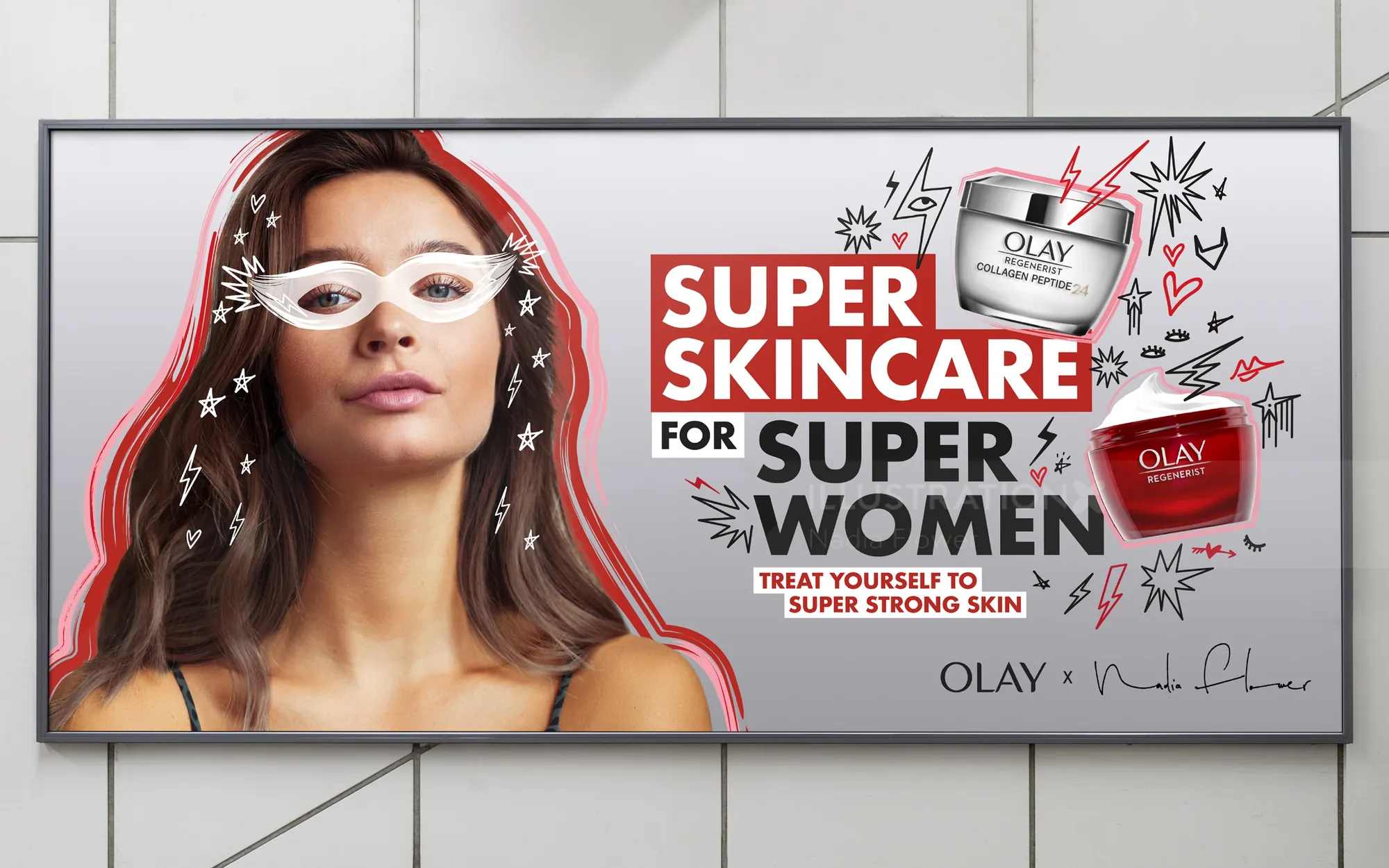 Olay skincare billboard with woman and product jars by Nadia Flower