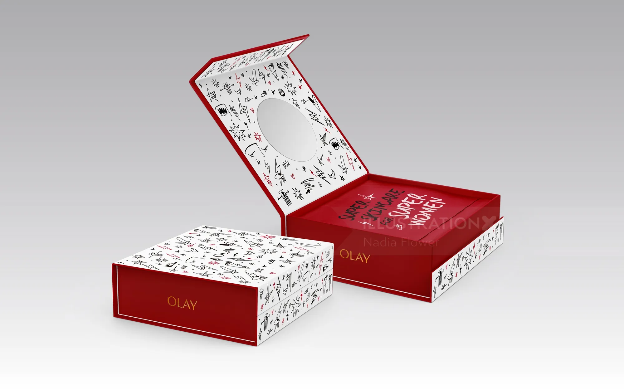 Olay skincare box with floral design and mirror inside lid by Nadia Flower