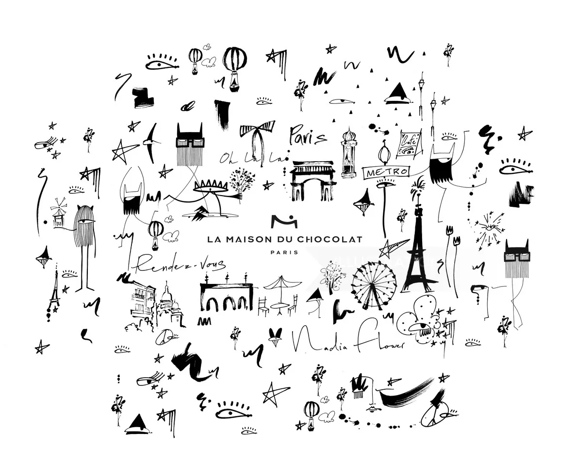 Gribouillages en noir et blanc sur le thème de Paris avec le logo de Maison du Chocolat par Nadia Flower
