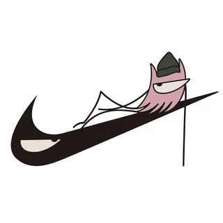 Cartoon character reclining on the Nike swoosh logo by Nadia Flower